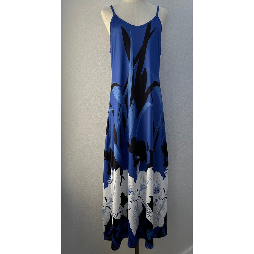 Tropical Floral Cami Maxi Dress L Blue White Botanical Resort Vacation Summer